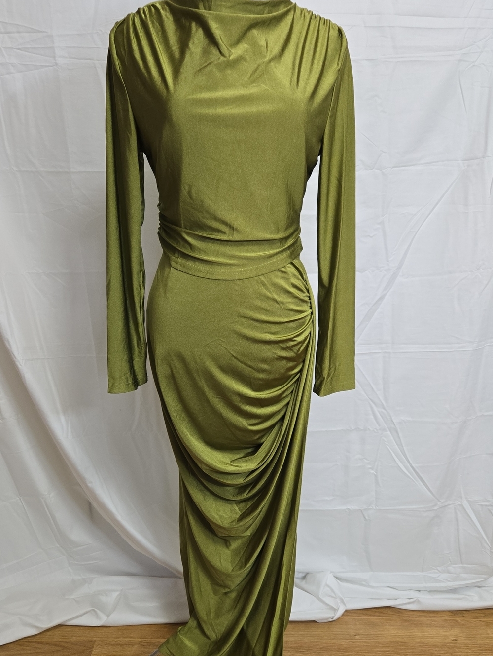 Olive Green Long Sleeve Ruched Maxi Two Piece Top & Skirt